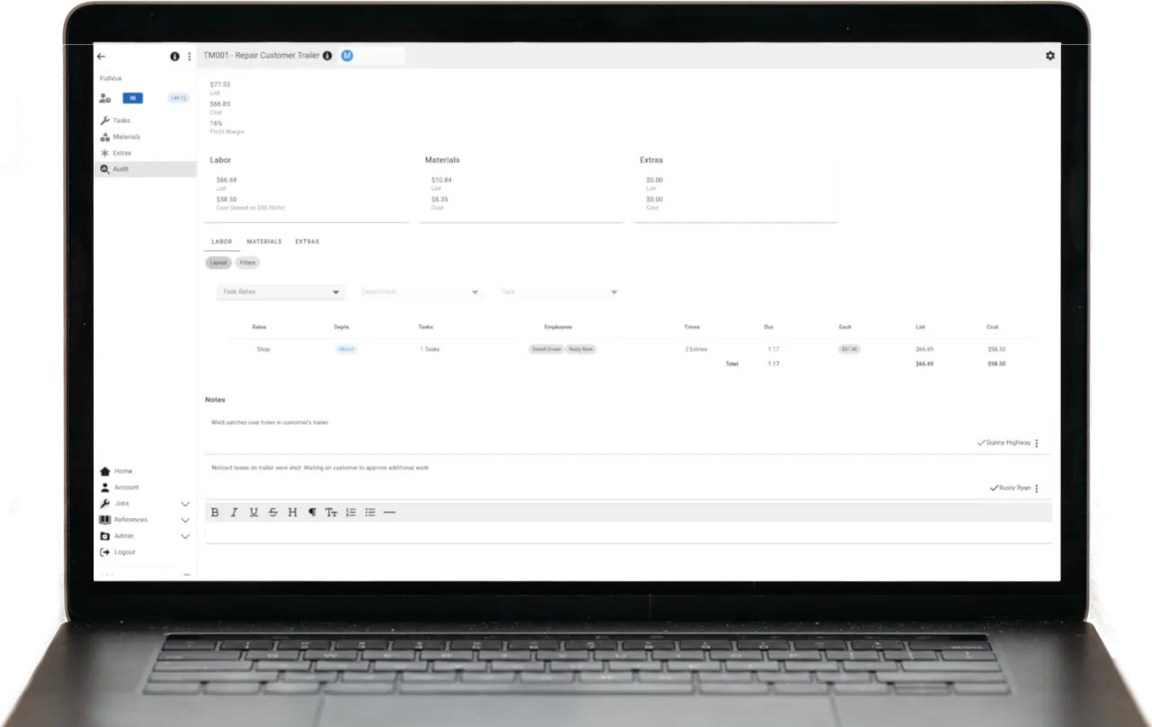 FullVue job cost sheet on a laptop showing labor, materials, and margin